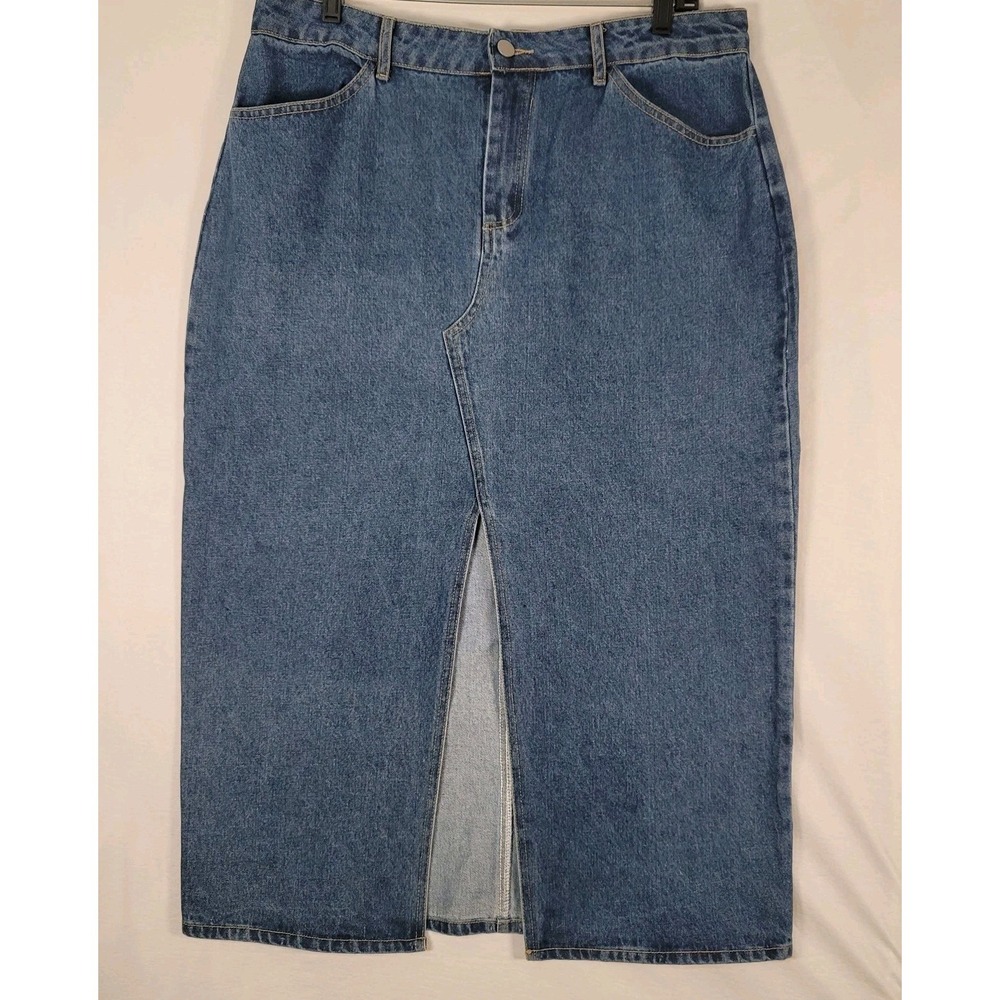 Lulus Denim Skirt‎ Womens XL Blue High Waist Front Slit Midi Jean New Old School